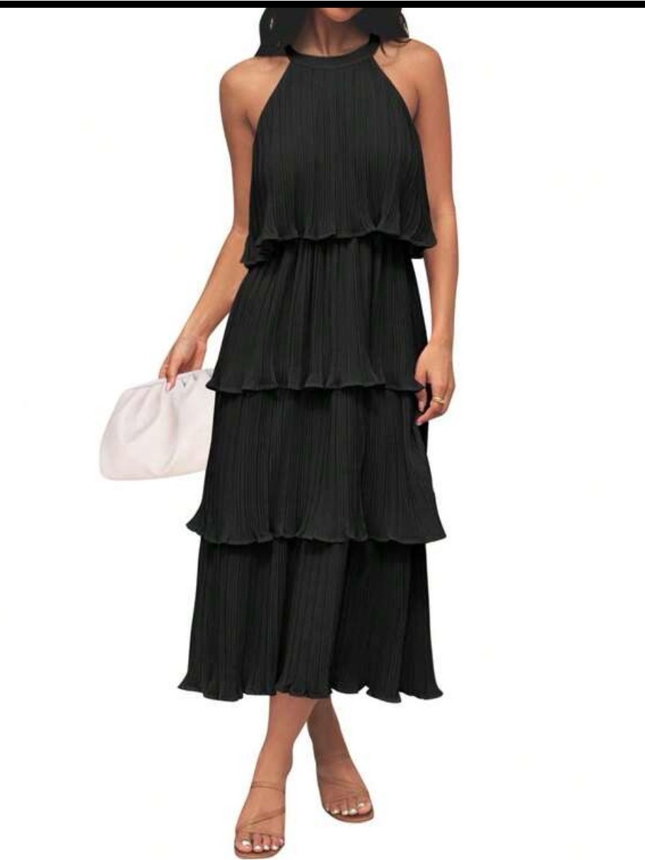 Black Tiered Halter Midi Dress - Women